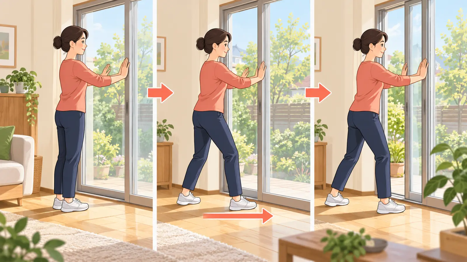 足を横へ運び体ごと窓を開閉する手順