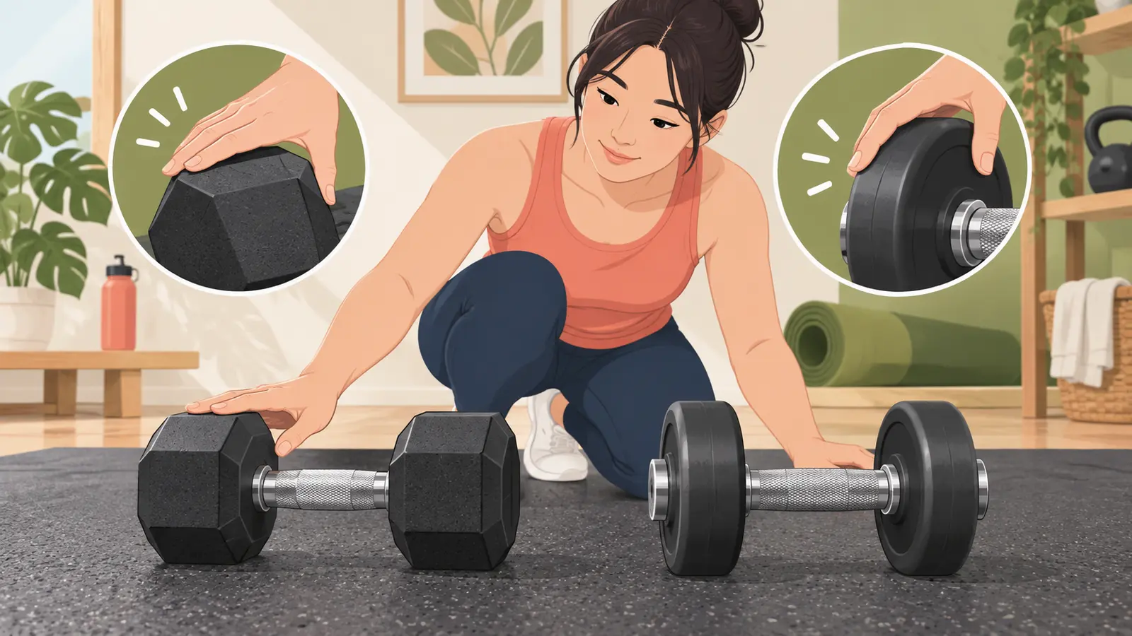 六角形ダンベルと丸型ダンベルを安全に比較・確認する解説イラスト