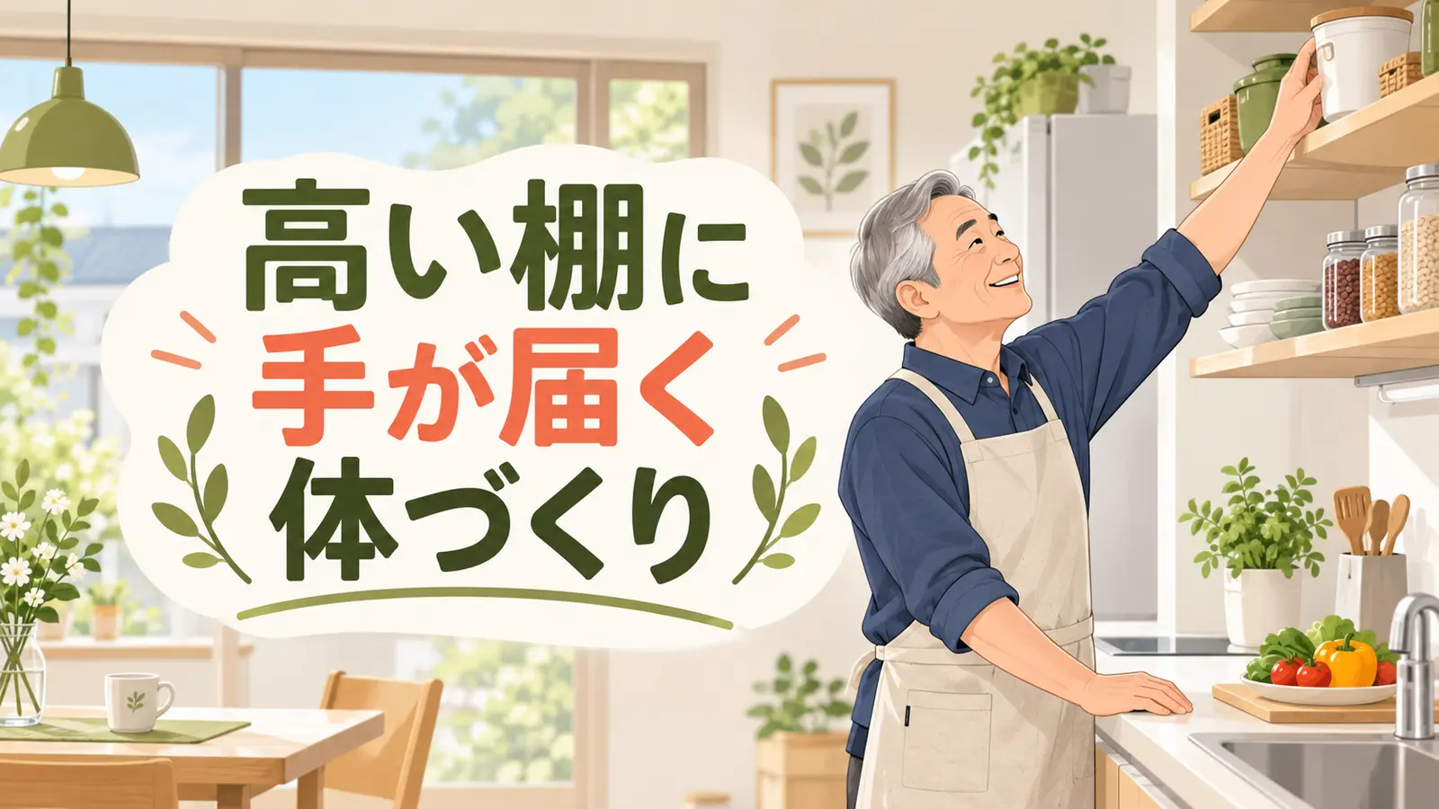 高い棚へ無理なく手を伸ばす中高年男性