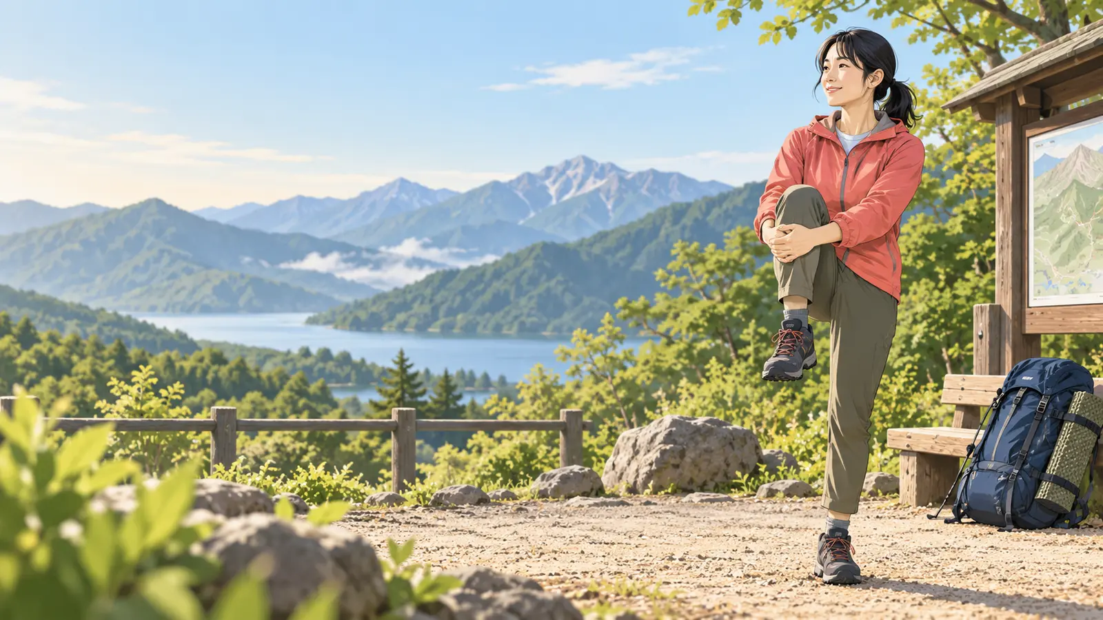 登山口で脚を準備する登山者