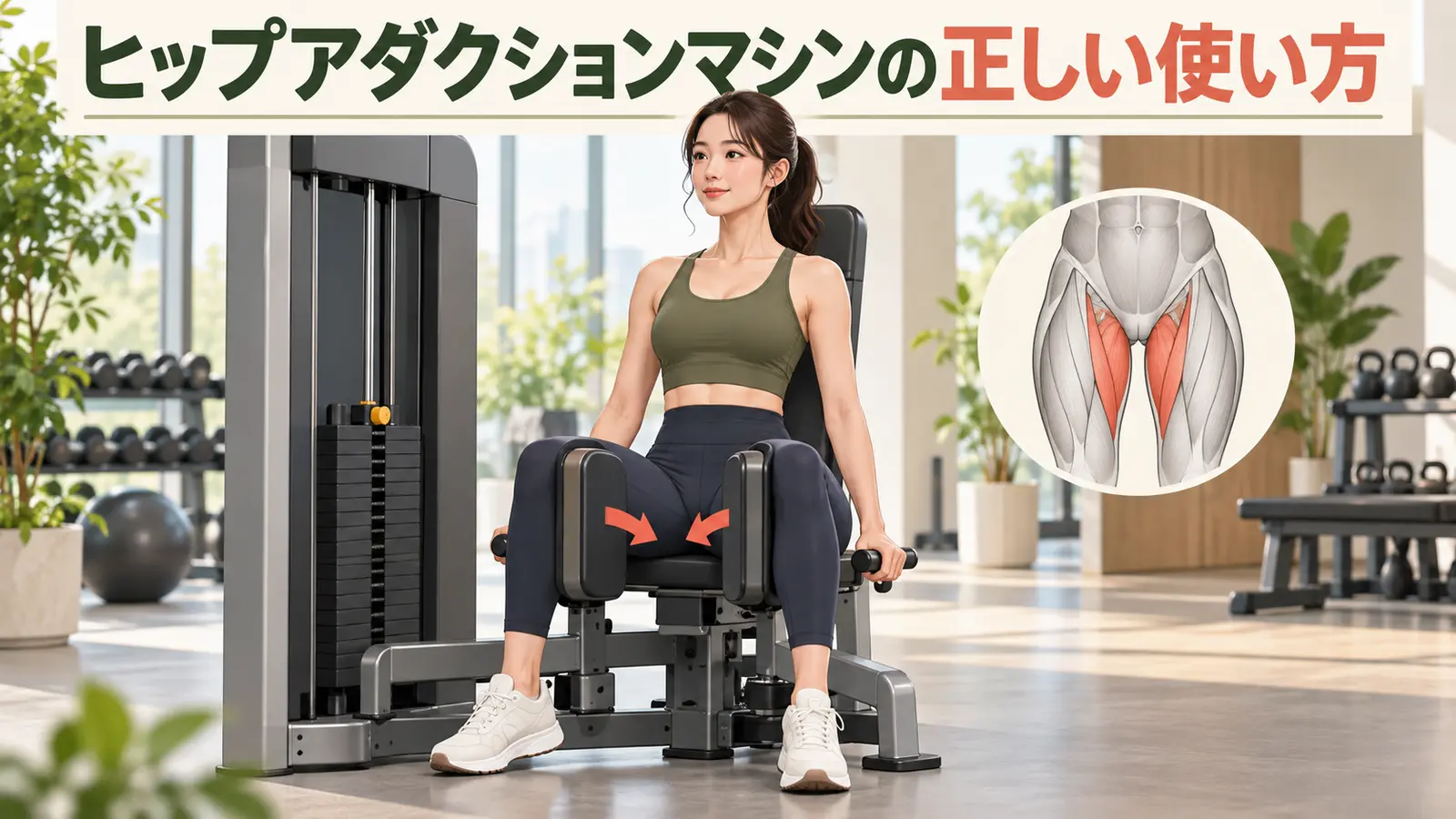 ヒップアダクションマシンを正しい姿勢で行うイラスト