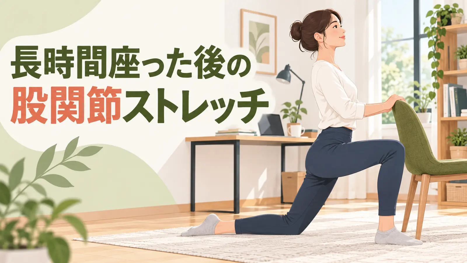椅子を支えに股関節前側を伸ばす女性