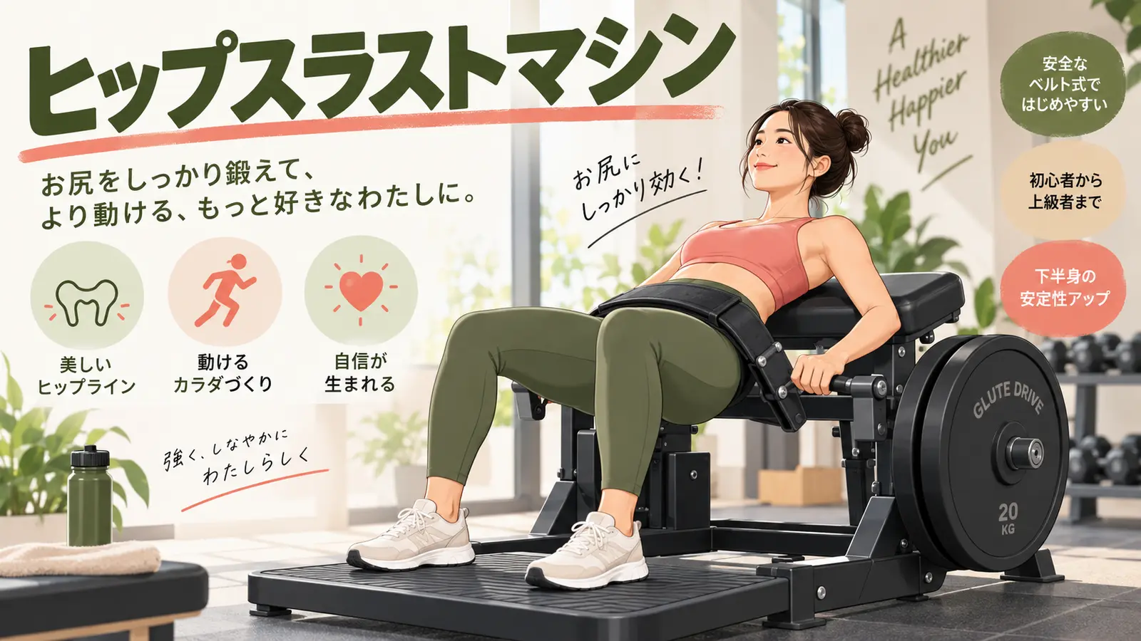 ヒップスラストマシンを正しいフォームで行うイラスト