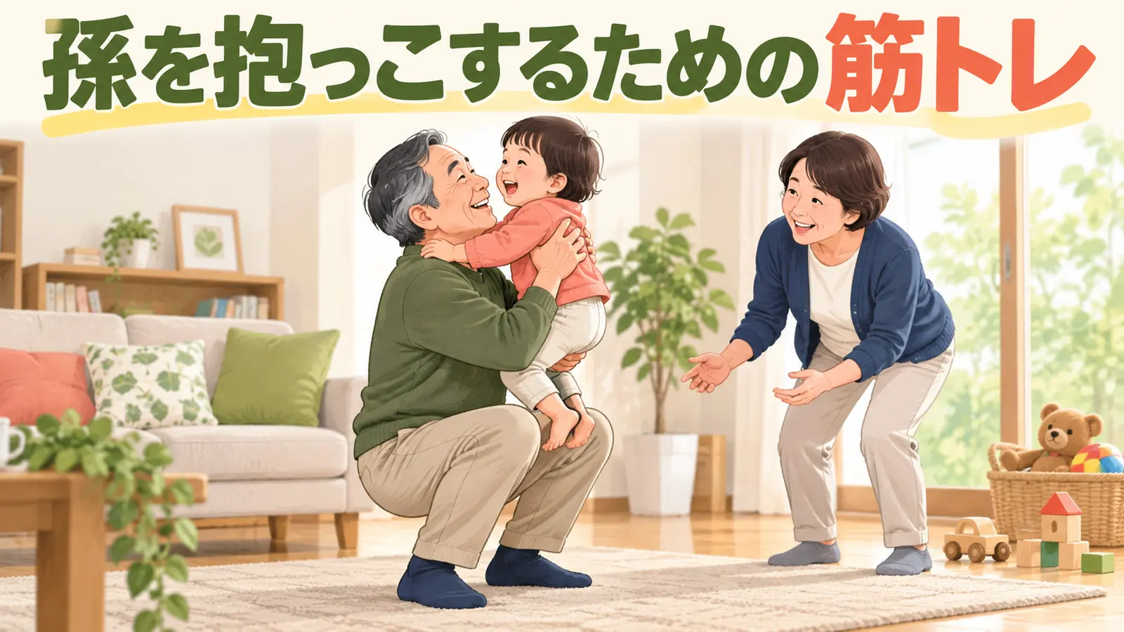 椅子の近くで脚を使い孫を抱き上げる中高年女性