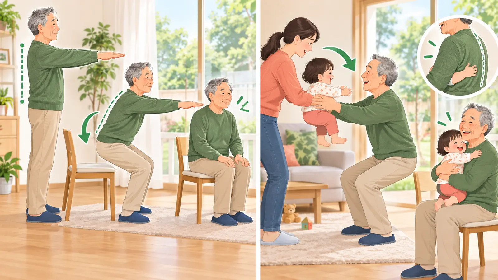 孫の抱き上げに備える椅子スクワットと受け渡し