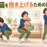 犬を体へ近づけ脚を使って抱き上げる中高年女性