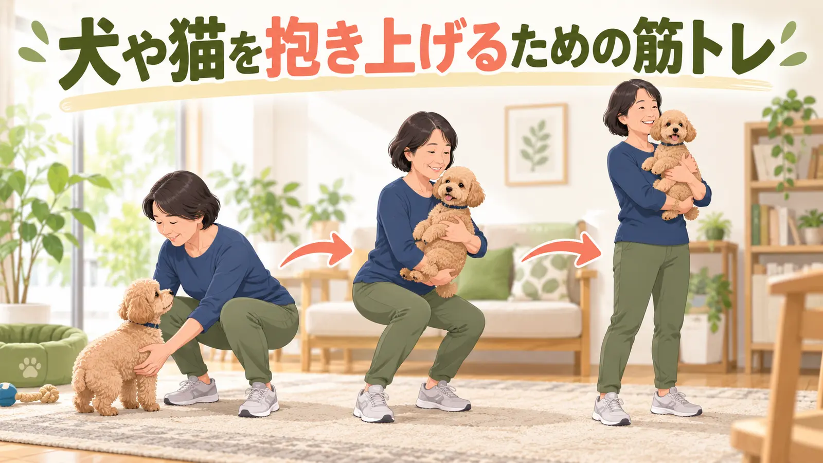 犬を体へ近づけ脚を使って抱き上げる中高年女性