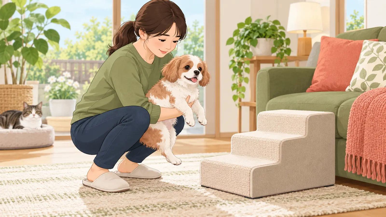 ペット用ステップと安全な抱き上げ姿勢