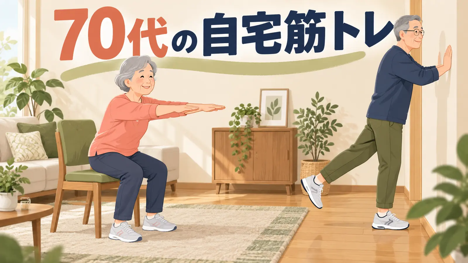 70代の自宅筋トレを実践する中高年のイラスト