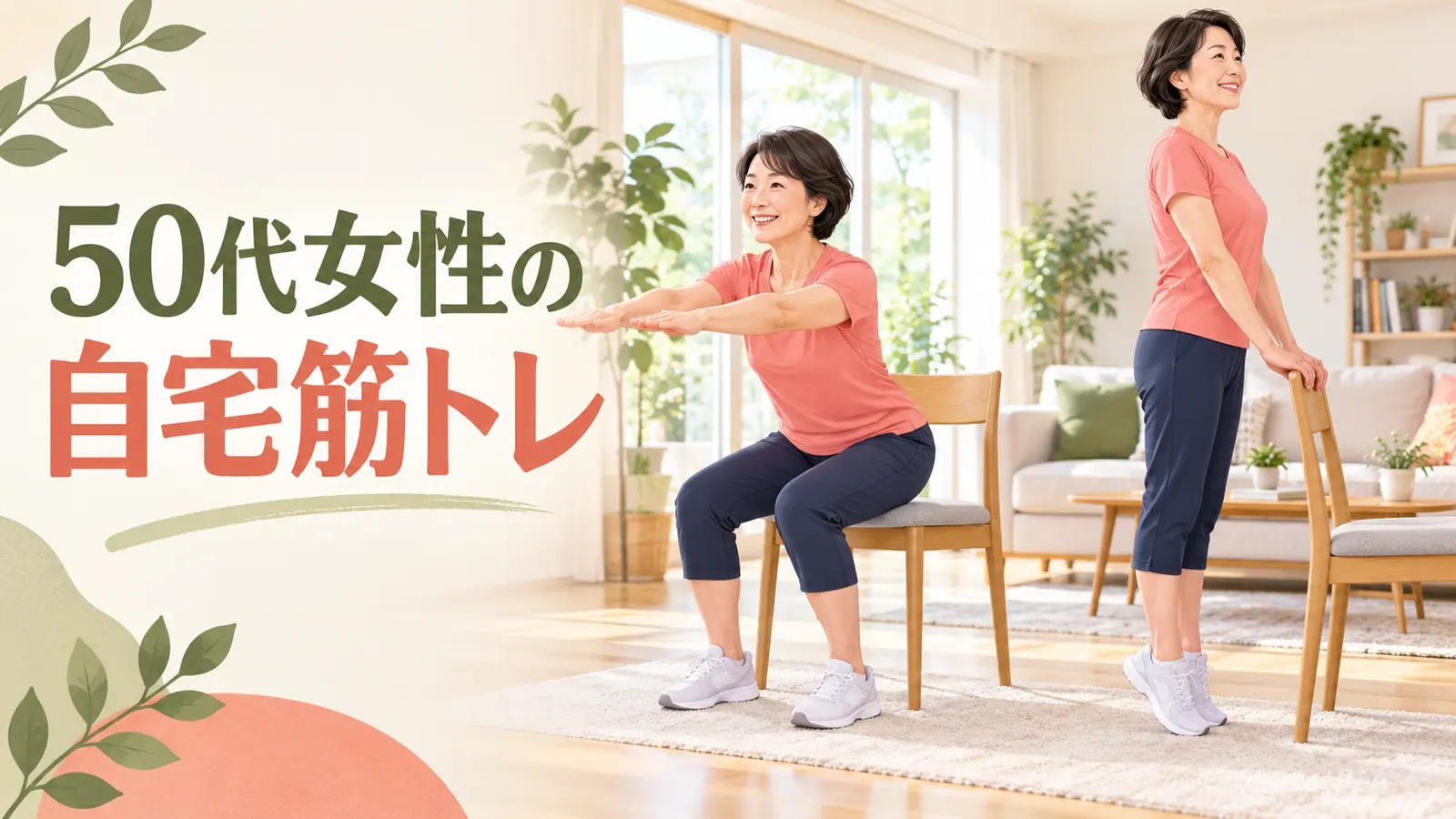 50代女性の自宅筋トレのポイントを示すイラスト