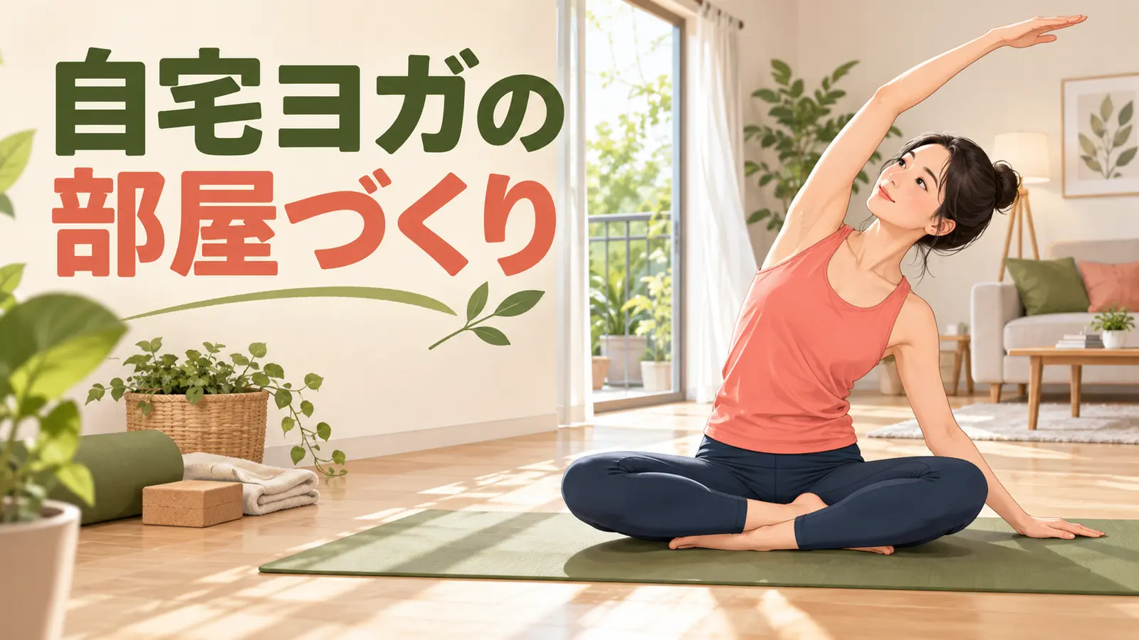 自宅ヨガの部屋づくりを初心者向けに解説するイラスト