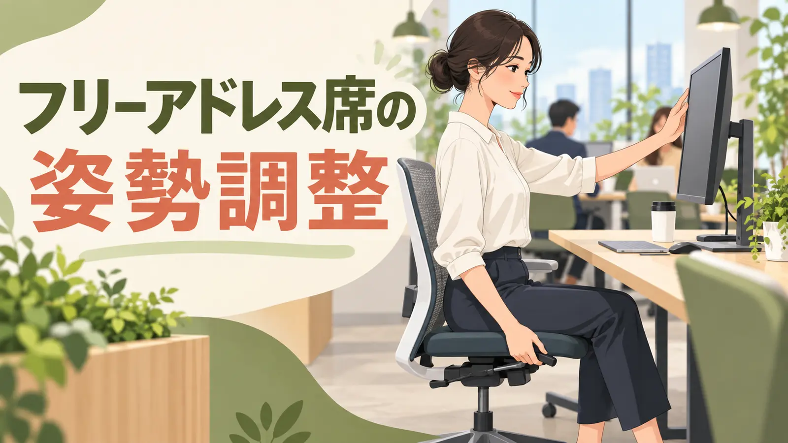 共有席で椅子とモニターを調整するデスクワーカー
