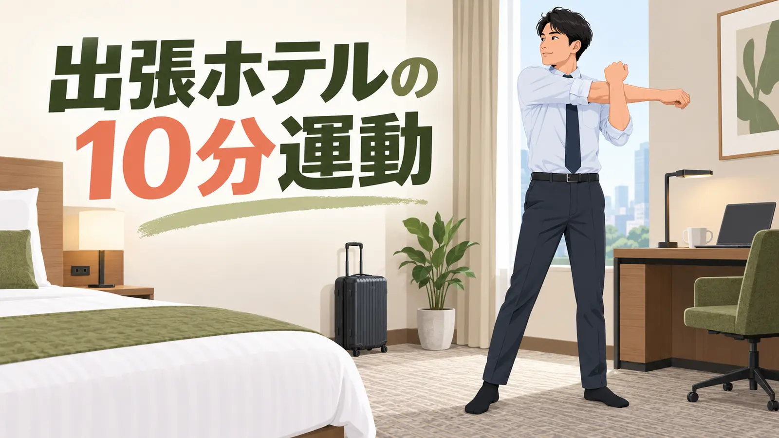 出張先のホテル客室で安全に全身を動かすビジネスパーソン