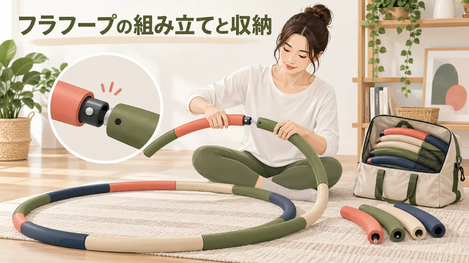 分割式フラフープを組み立てて収納する方法