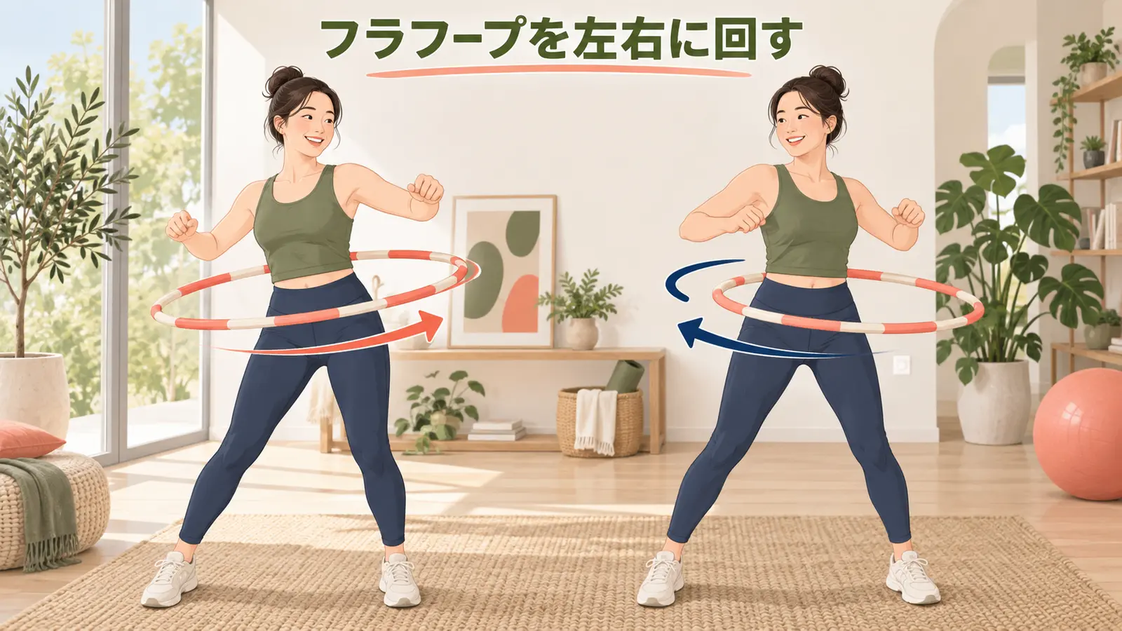 左右両方向へフラフープを回す練習