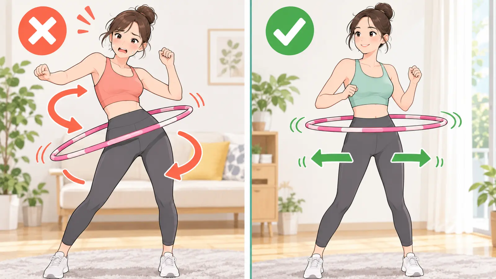 腰を大きく回す例と前後へ押す例の比較