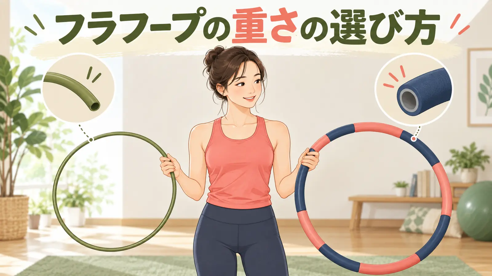 軽いフープと重いフープを比較する女性