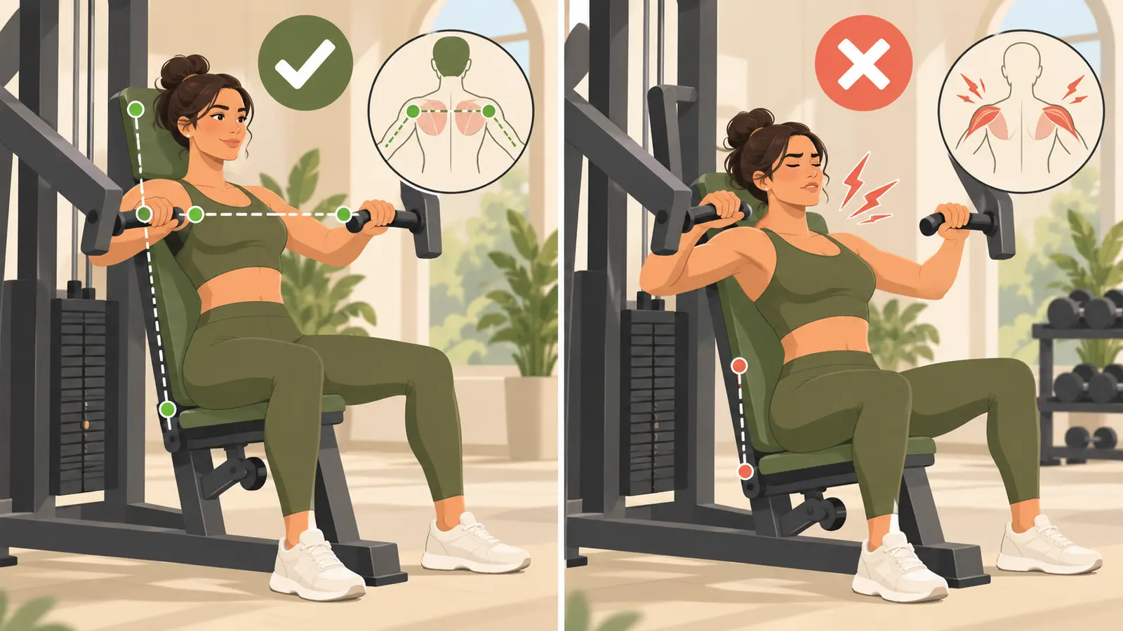 インクラインチェストプレスマシンの設定とフォームを示すイラスト