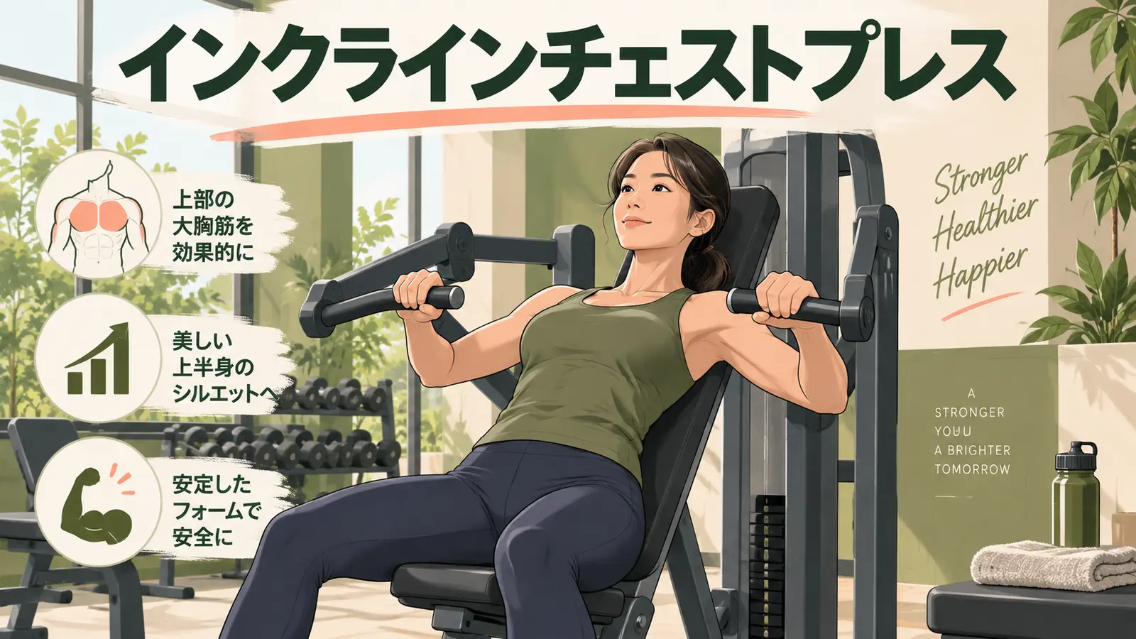 インクラインチェストプレスマシンを正しいフォームで行うイラスト