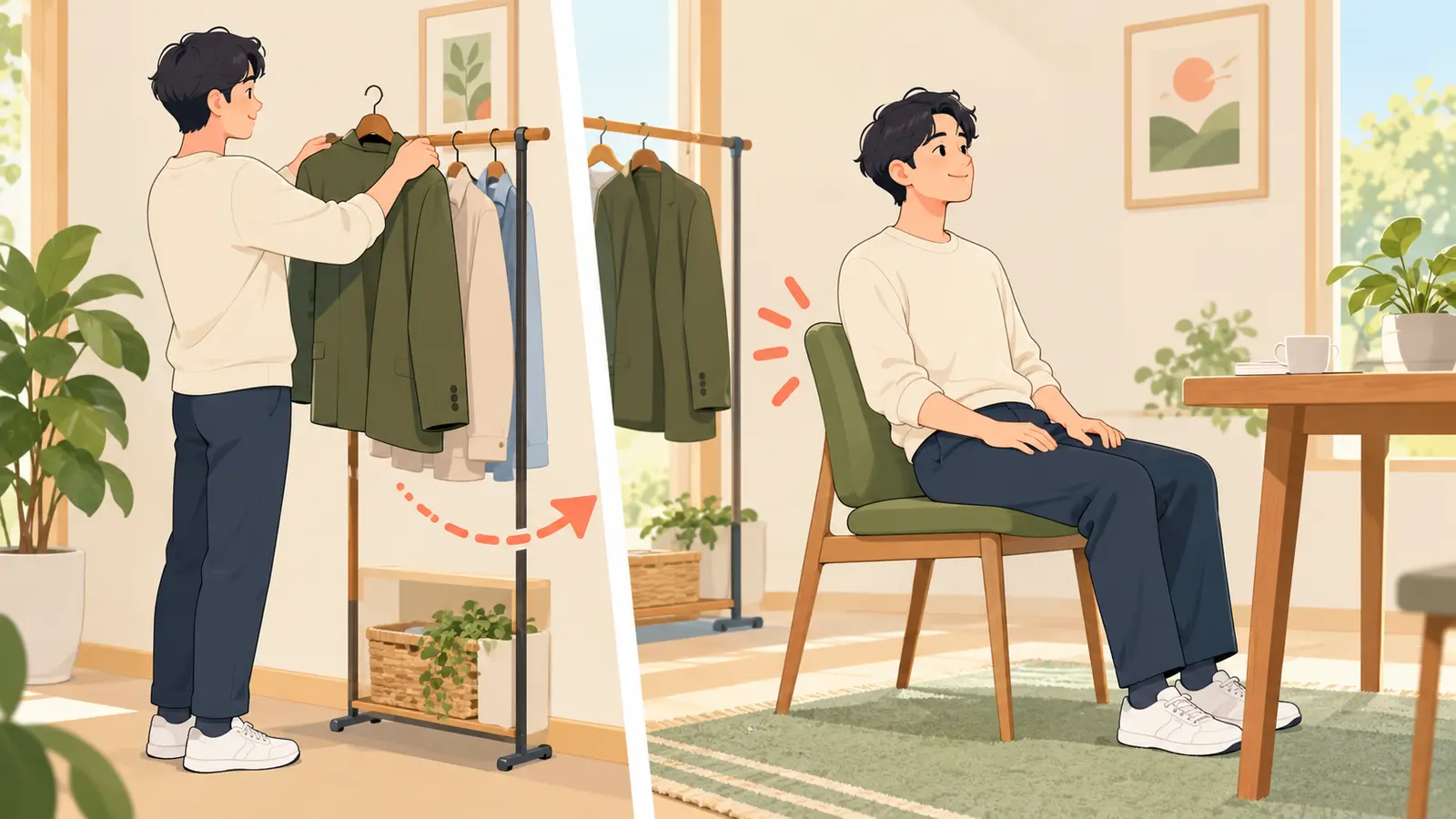 上着をハンガーへ掛け背もたれに深く座る様子