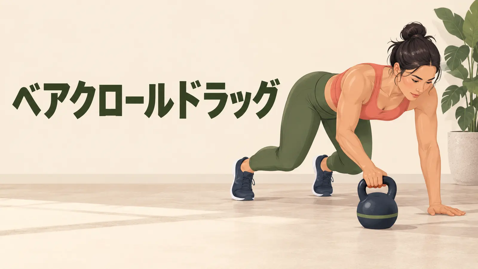 膝を浮かせた四つ這いでベルを引き、骨盤の回旋に抵抗する体幹を鍛える様子