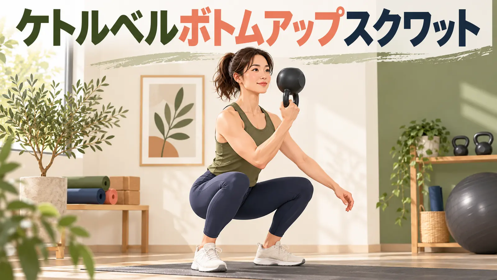 ケトルベル本体を上向きに保持してスクワットする人物