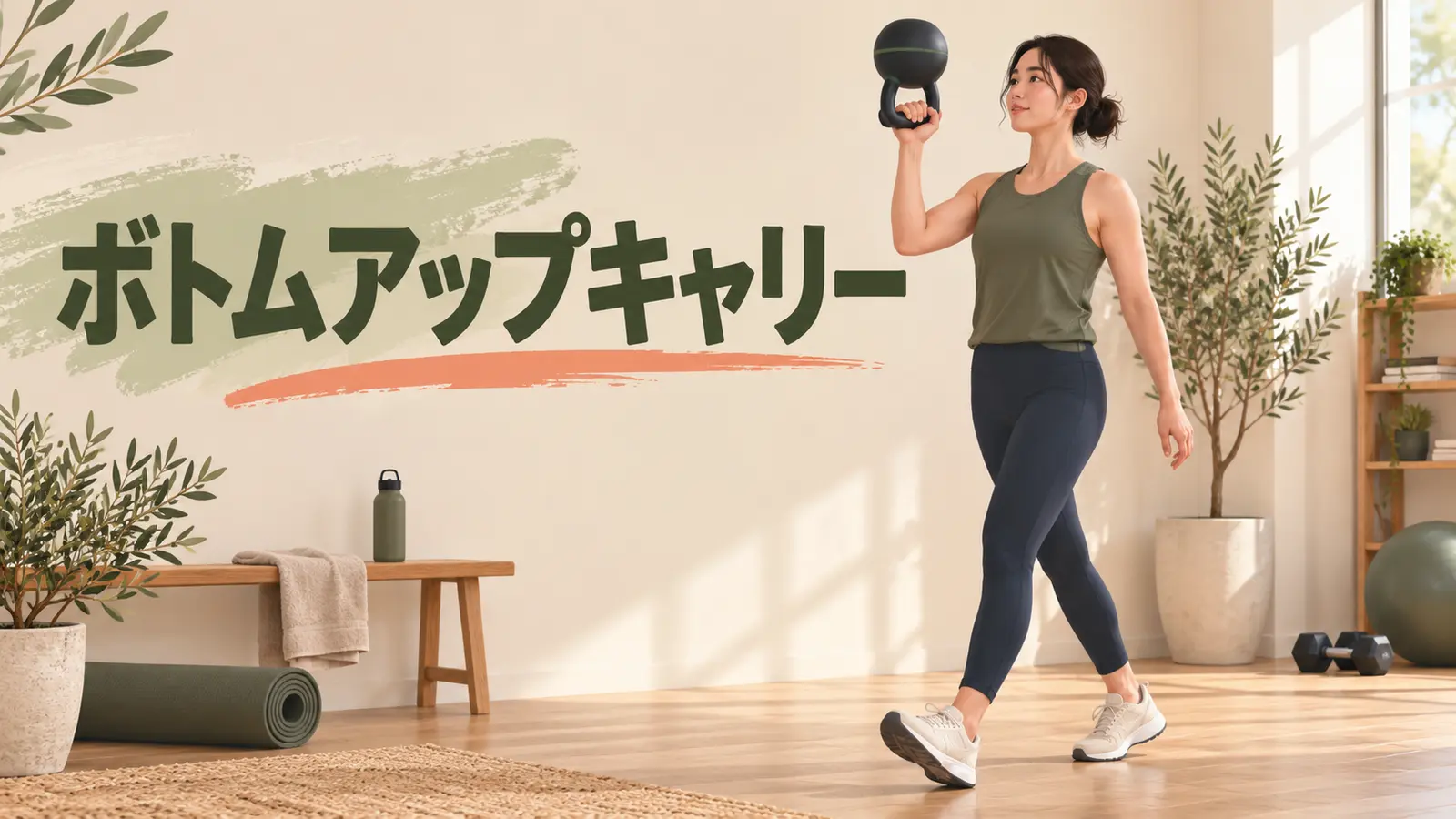 ケトルベルを逆さに持って歩くボトムアップキャリー