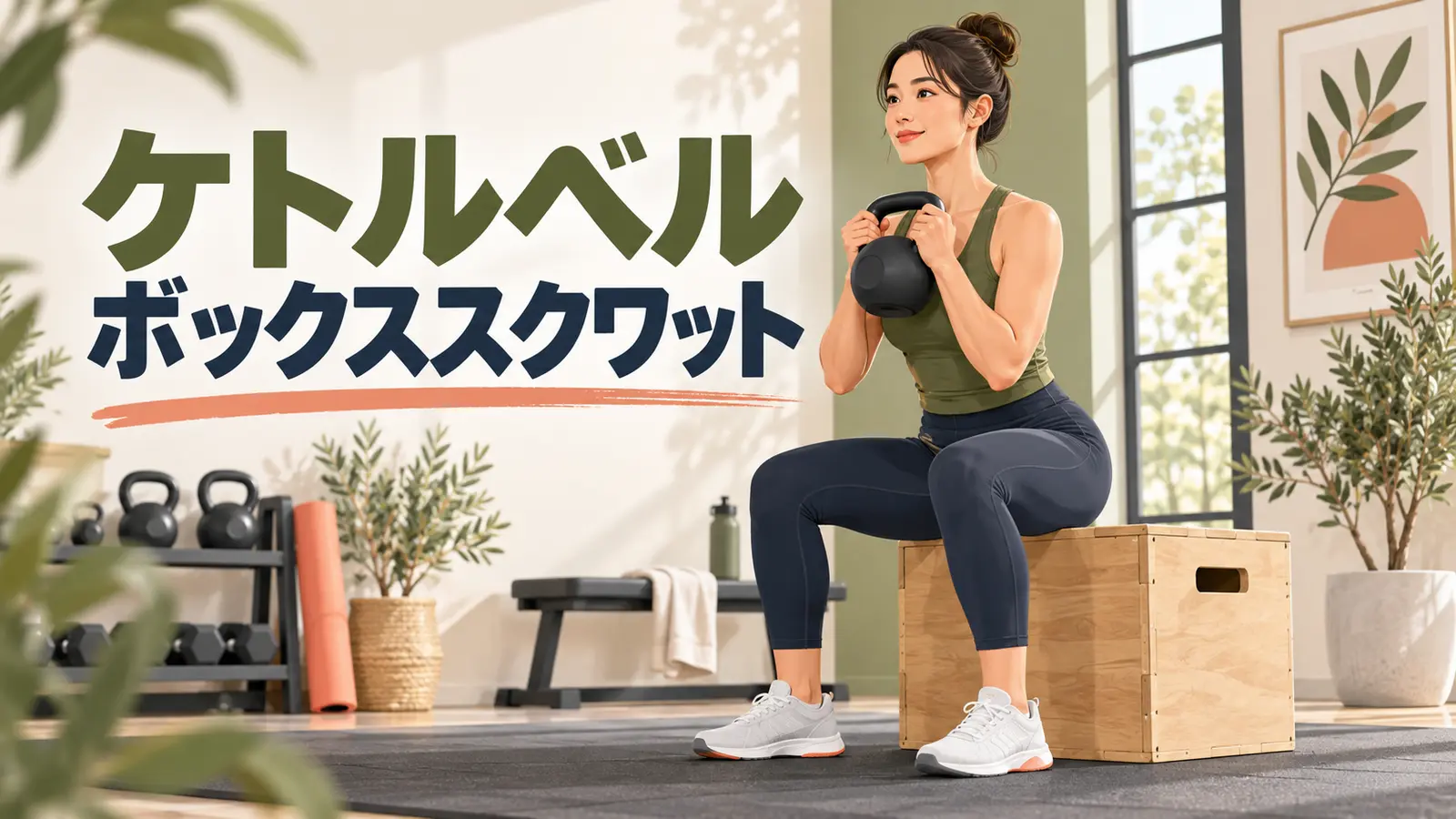 ケトルベルを胸前に持って箱へ静かに座る人物