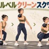 ケトルベルをラックへ収めてスクワットする人物