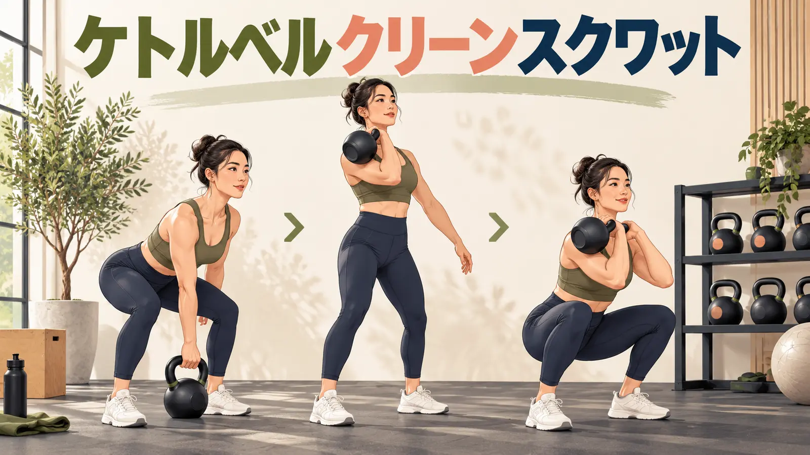 ケトルベルをラックへ収めてスクワットする人物