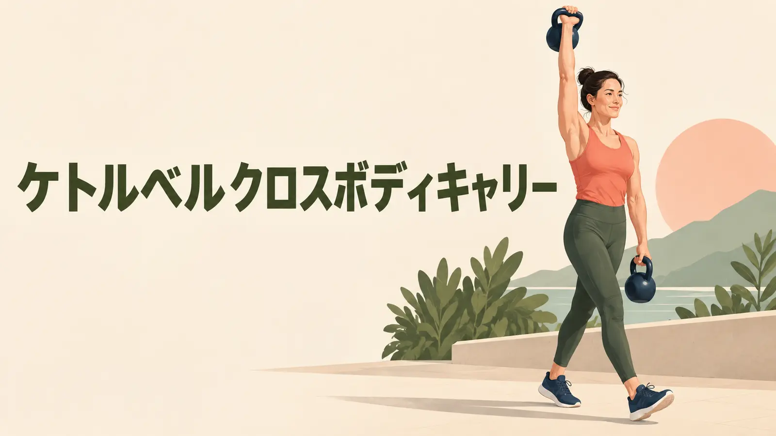 左右で異なる位置にベルを持ち、傾きや回旋に抵抗する体幹と肩を鍛える様子