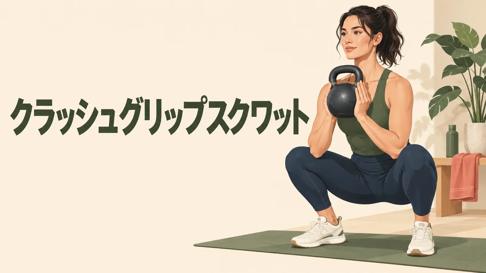 ベルを胸前で両側から挟み、胸・腕・体幹を使いながら脚を鍛える様子