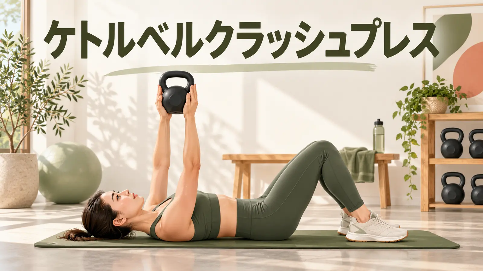 仰向けでケトルベルを両手で挟んで押す人物