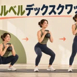 ケトルベルを胸前に持って床から立ち上がる人物