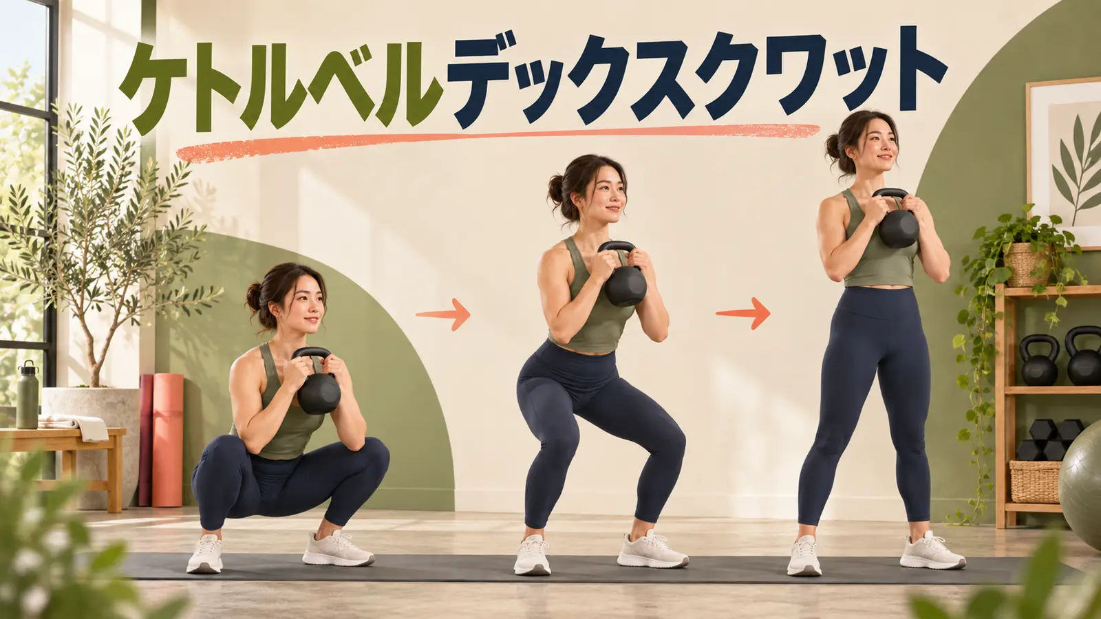 ケトルベルを胸前に持って床から立ち上がる人物