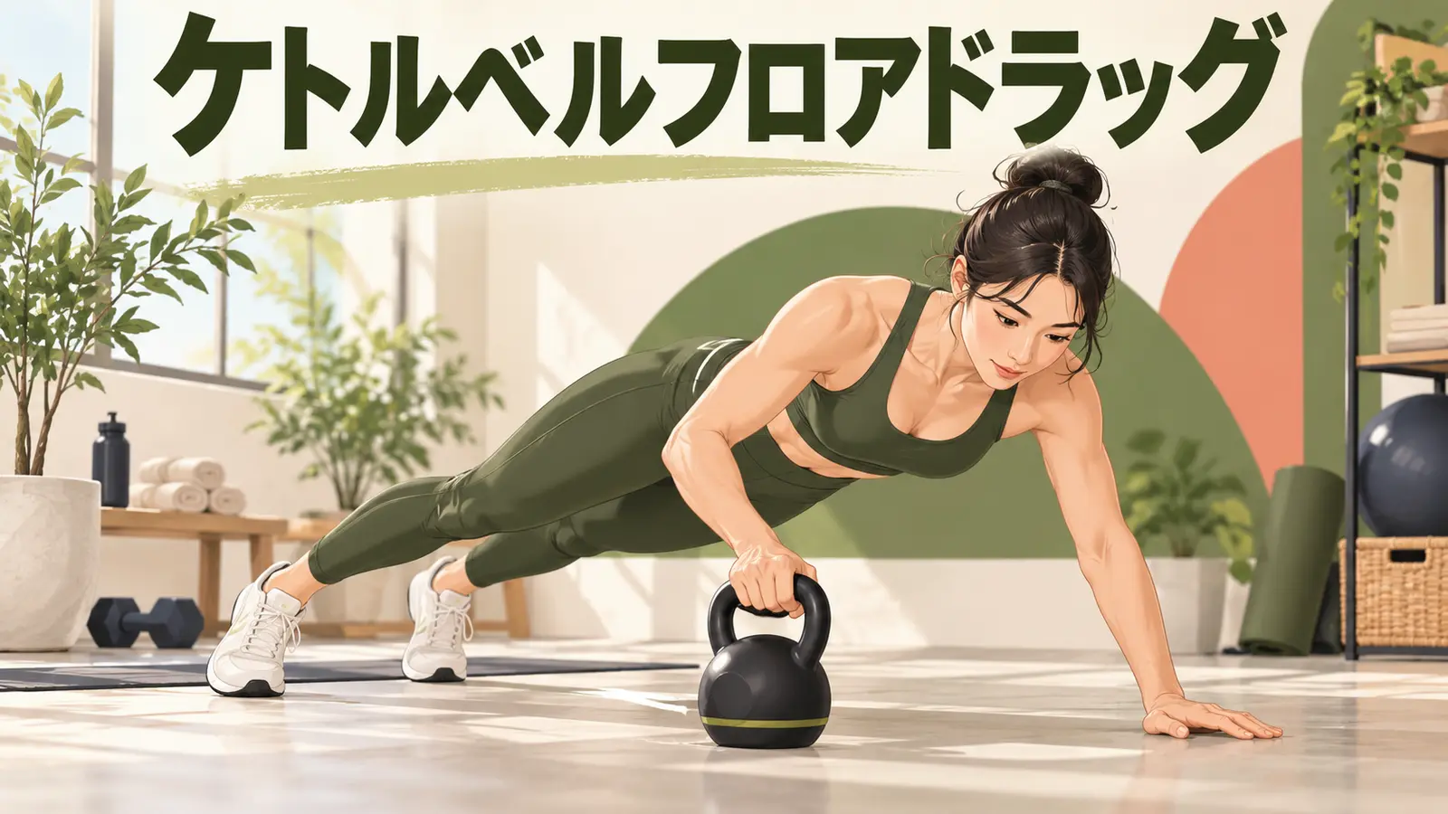 プランク姿勢で床上のケトルベルを横へ引く人物