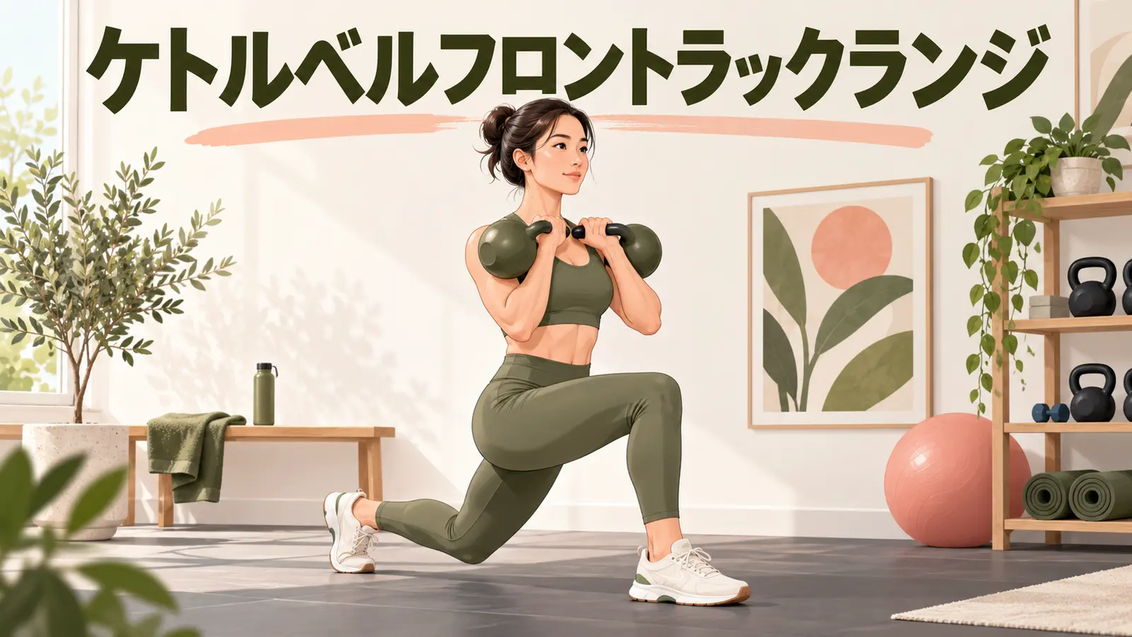 胸横にケトルベルを持ってランジを行う人物