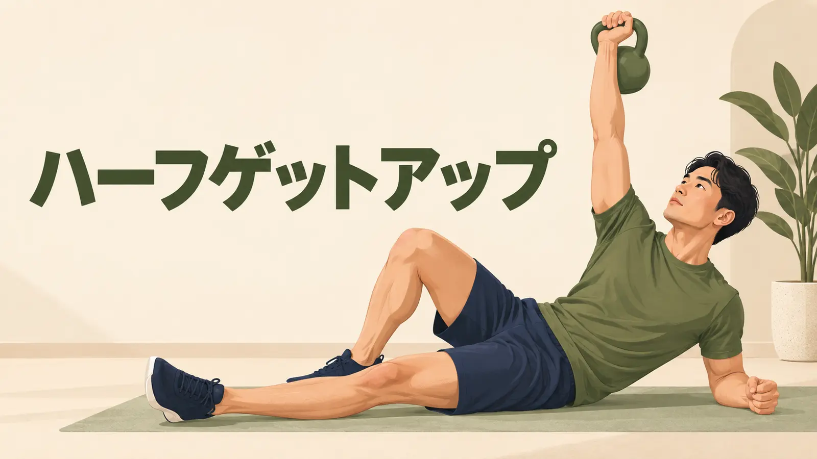 ターキッシュゲットアップ前半を分解し、肩を安定させて肘・手まで起きる様子
