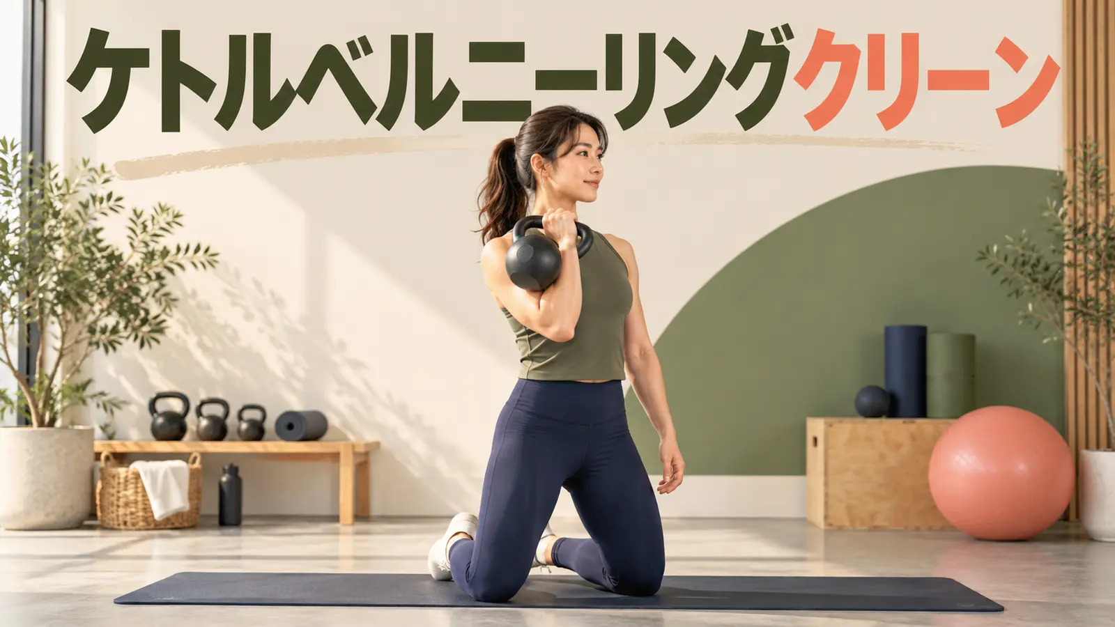 膝立ちでケトルベルをラックへ収める人物