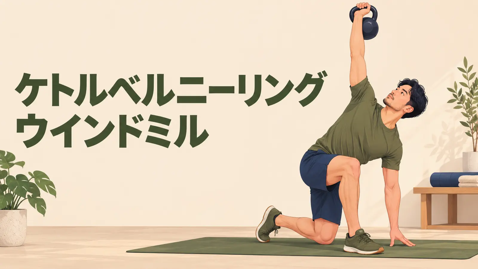 片膝立ちで支持面を限定し、肩の頭上安定と股関節・胸椎の連動を練習する様子