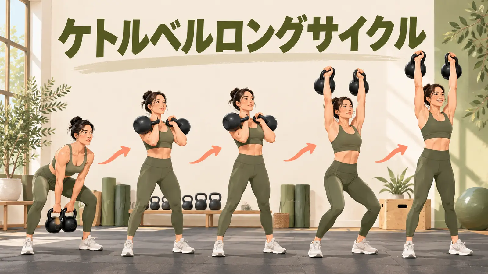 ケトルベルロングサイクルの連続動作を示す人物