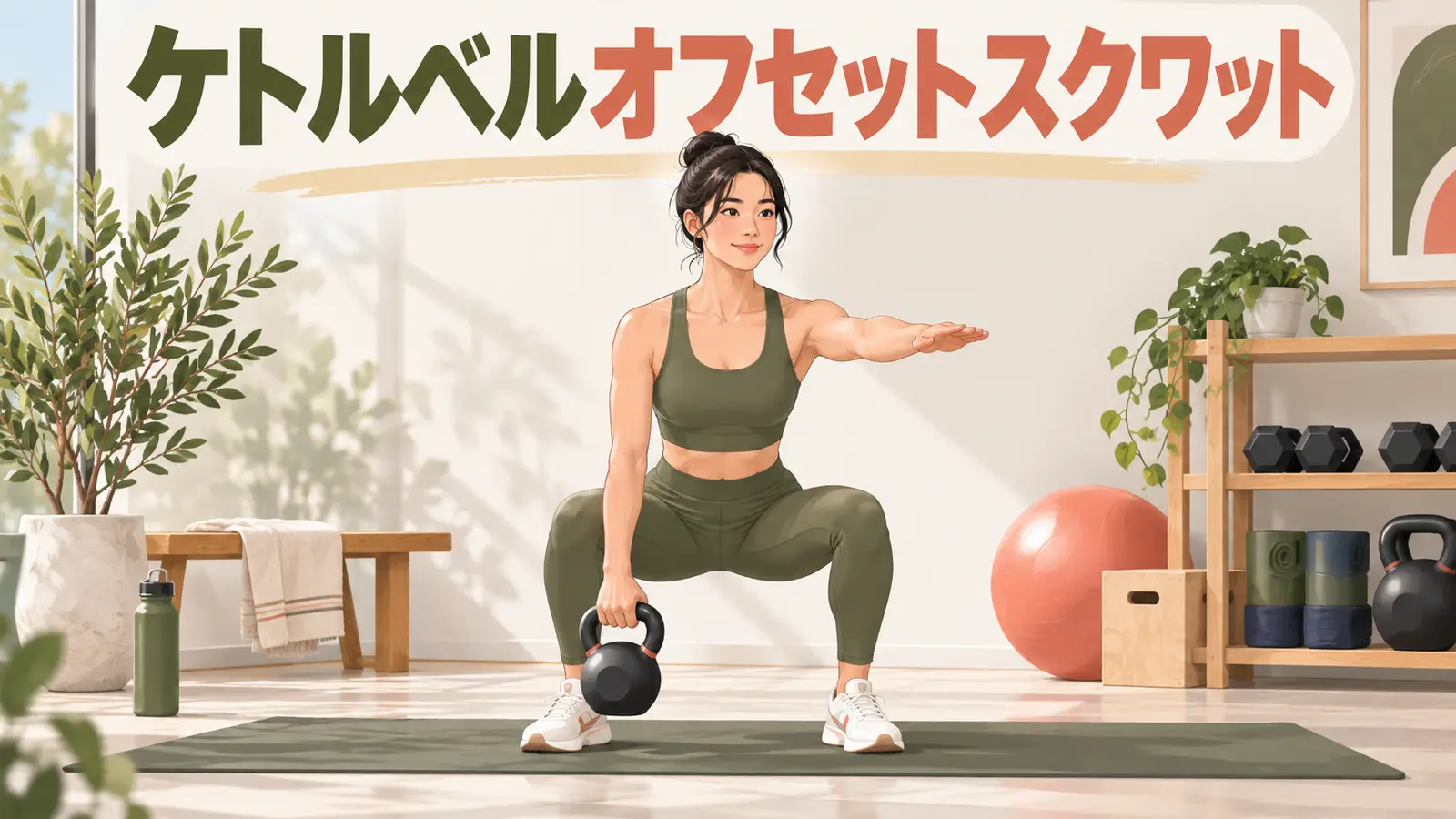 片側にケトルベルを持ってまっすぐスクワットする人物
