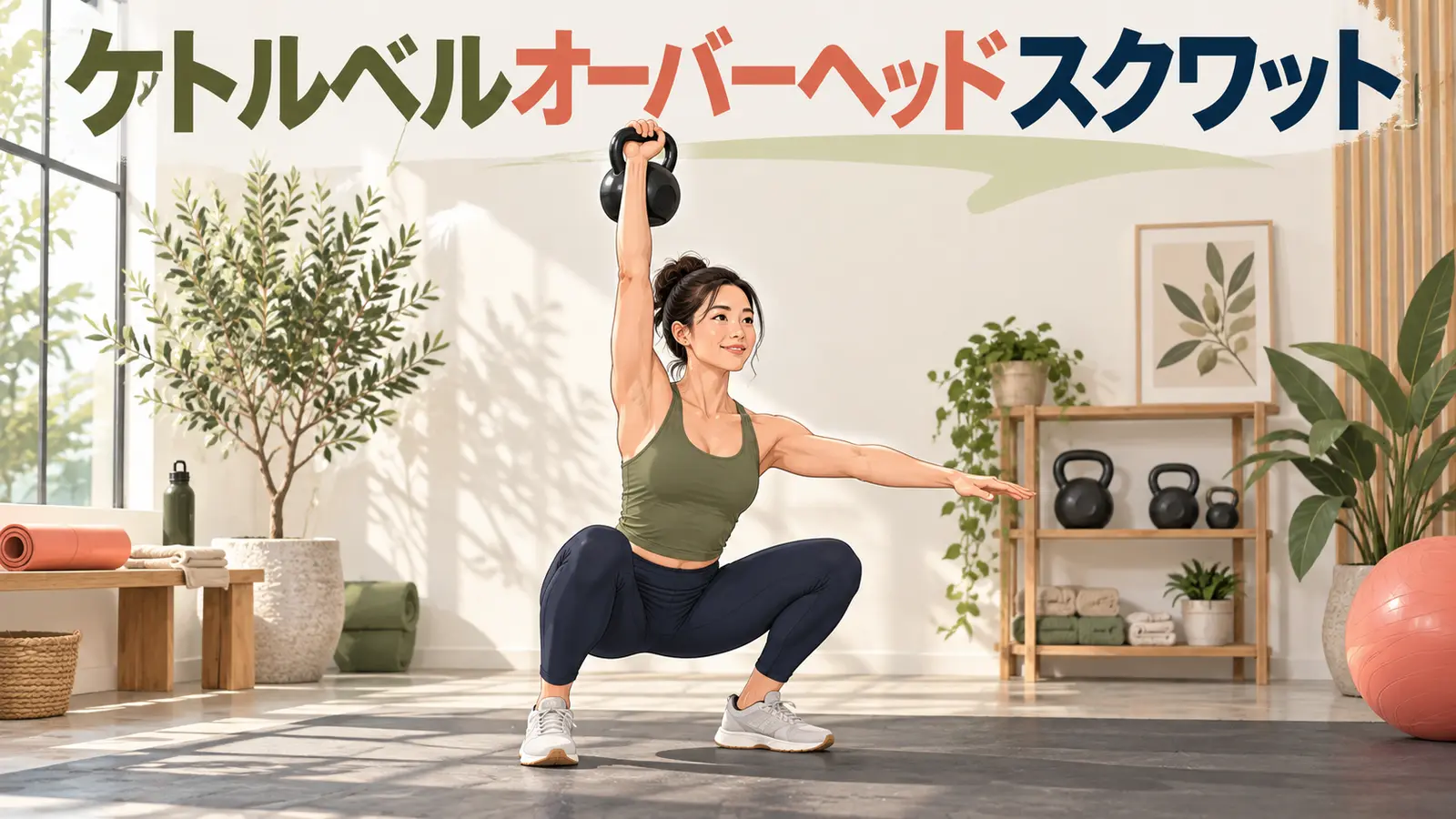 片手でケトルベルを頭上保持してスクワットする人物