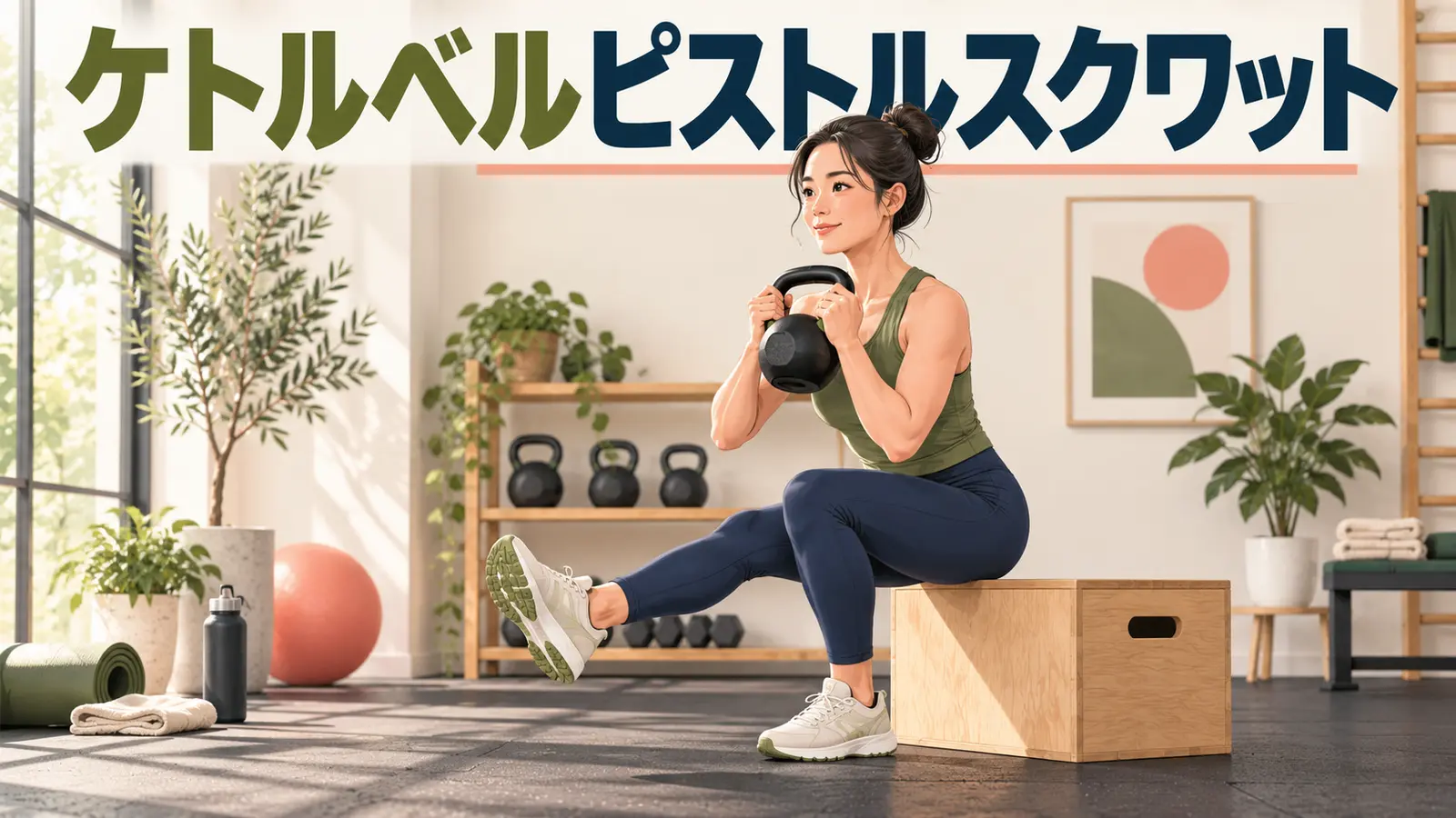ケトルベルを胸前に持って箱へ片脚スクワットする人物