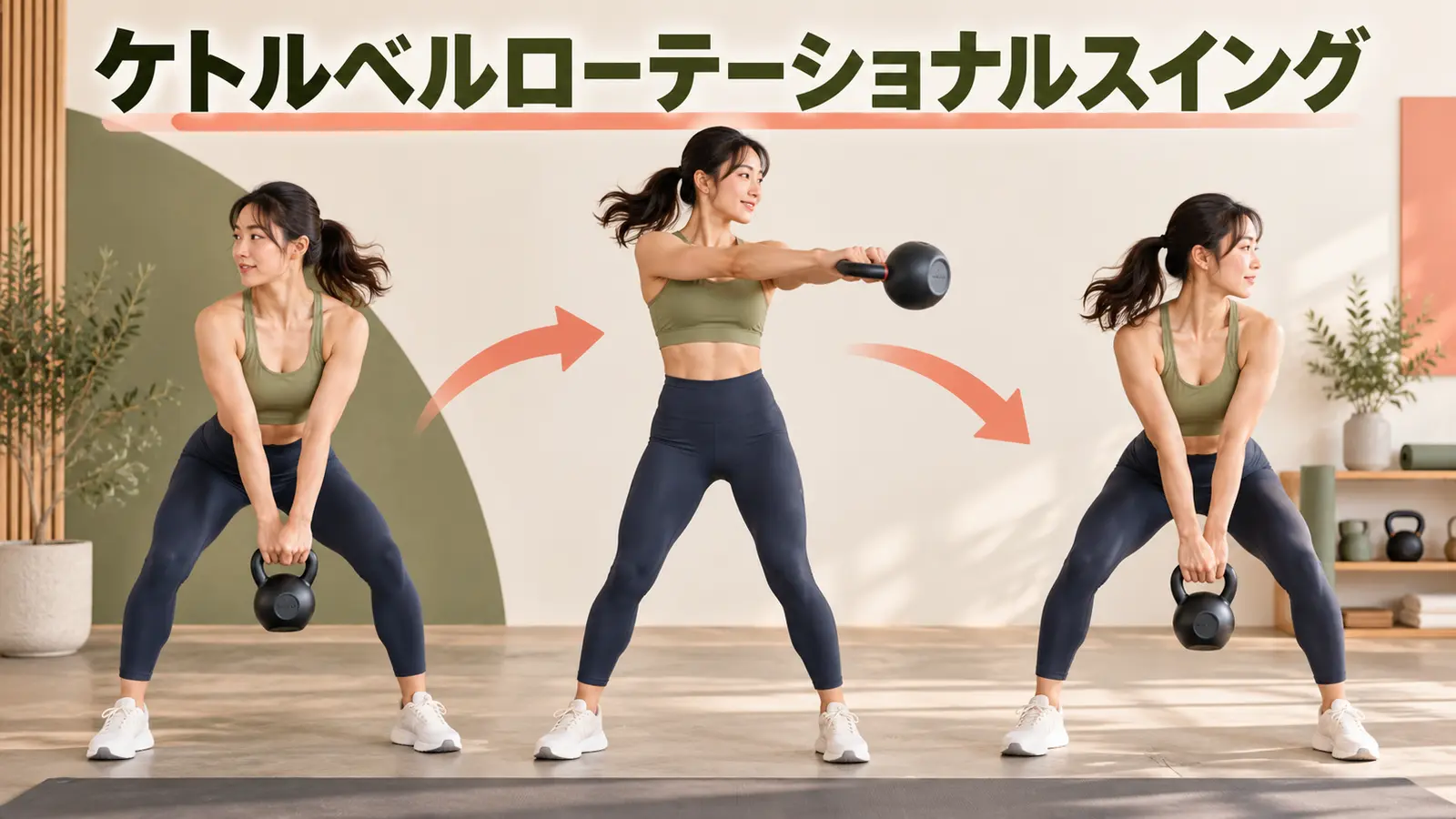 方向転換しながらケトルベルスイングを行う人物