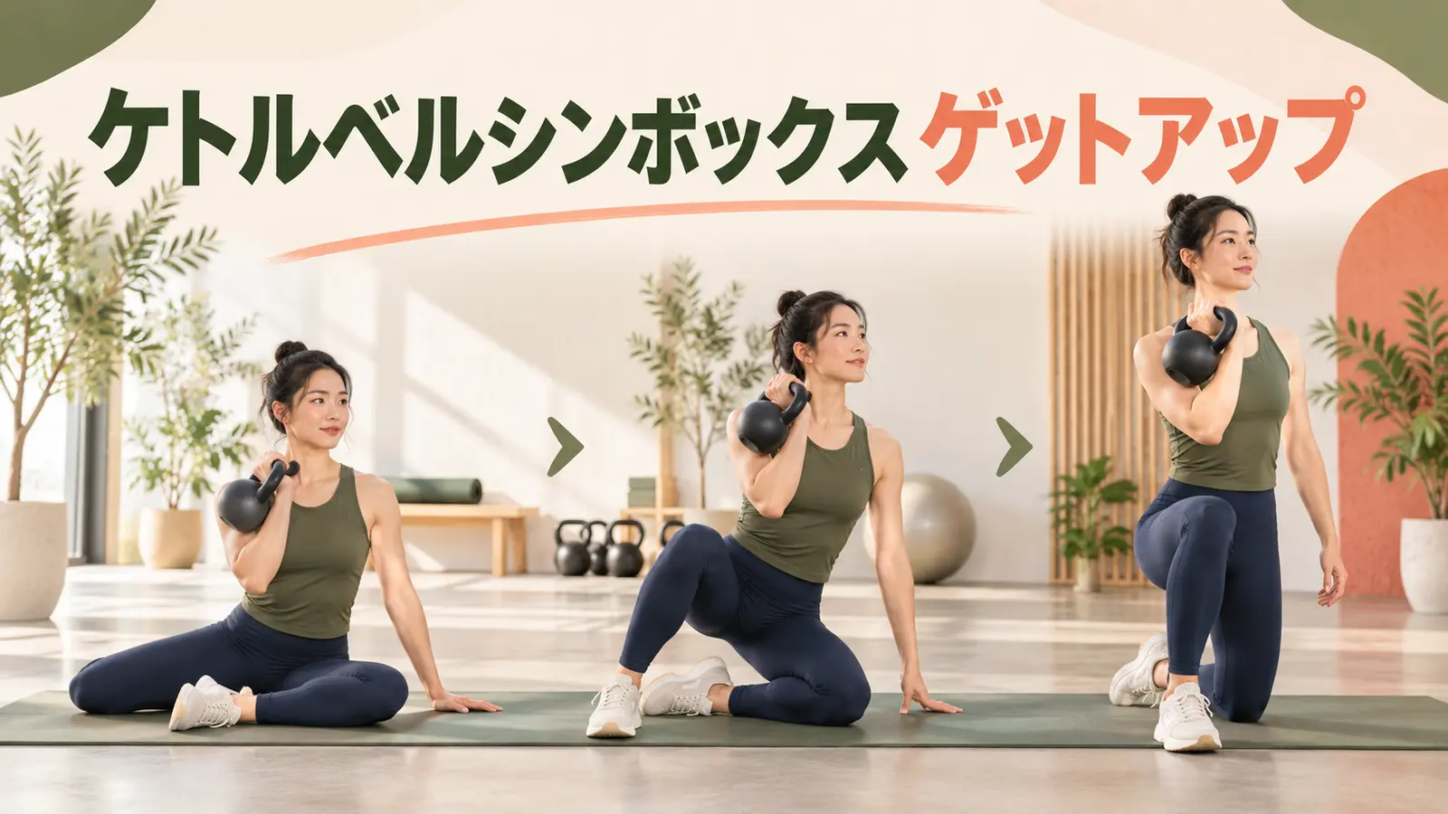 シンボックス座位からケトルベルを持って膝立ちになる人物