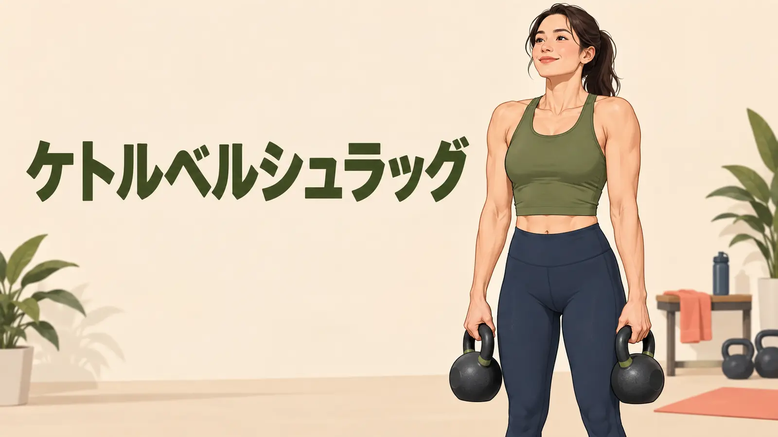 両脇にベルを持ち、肩甲骨を上へ動かして僧帽筋上部を鍛える様子