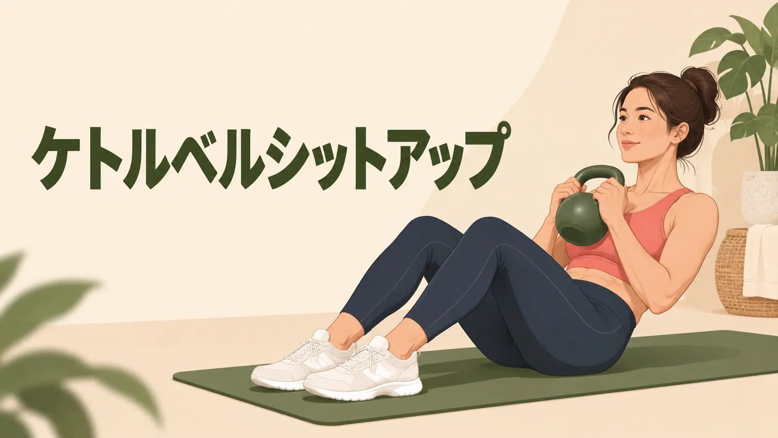 ベルを胸前に保持して上体を起こし、腹部と股関節周辺を鍛える様子