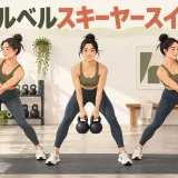 2個のケトルベルを脚の外側で振る人物