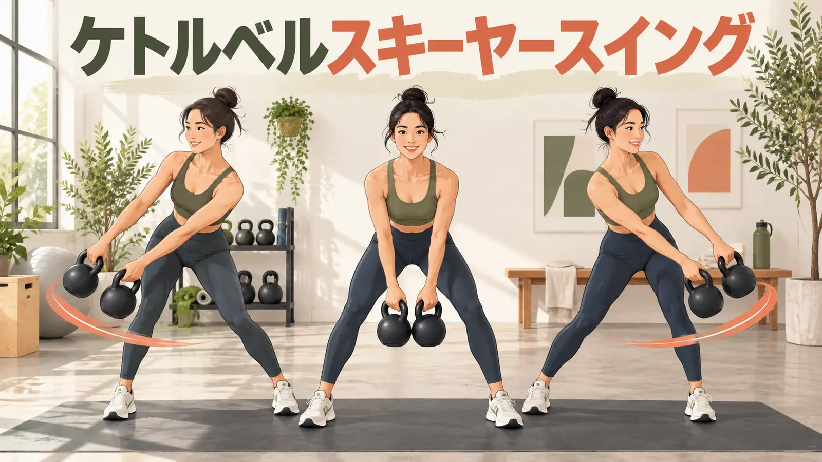 2個のケトルベルを脚の外側で振る人物